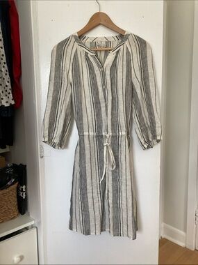 ANTHROPOLOGIE Broadway & Broome Striped 100% LINEN Dress - Gray/White
